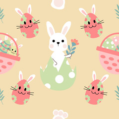 Seamless pattern with art design elements, and colorful Easter eggs.