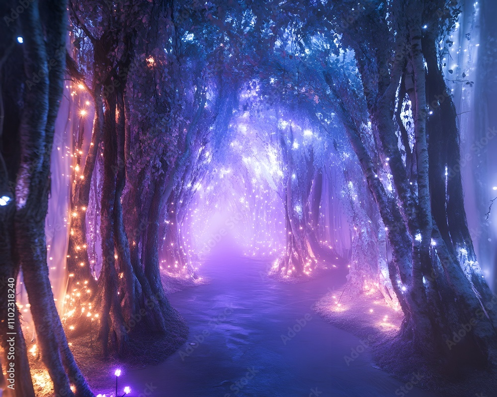 Poster magical forest path illuminated by colorful lights.