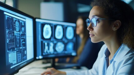 Focused Medical Professional Analyzing Brain Scans in a Modern Laboratory