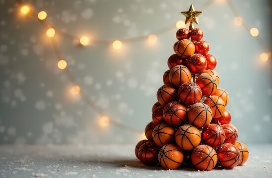 Christmas tree made of many basketball balls on a light background with garlands and bokeh, copy space