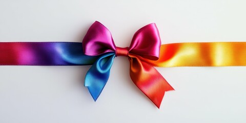 Vibrant rainbow ribbon tied in a decorative bow symbol of inclusivity isolated on white background soft studio lighting