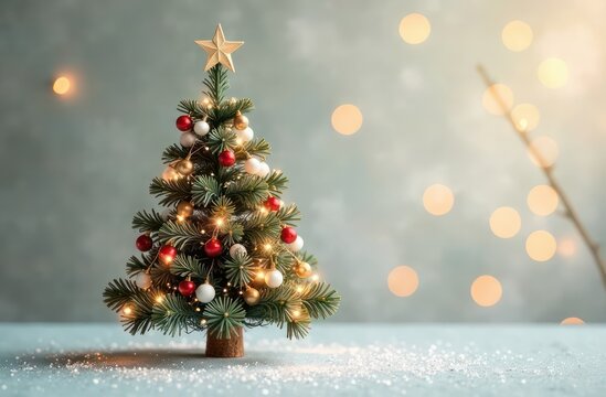 Christmas tree on a light background with garlands and bokeh, copy space - Powered by Adobe