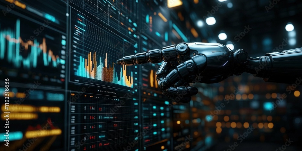 Wall mural robotic arm pointing at a digital stock chart with futuristic holographic graphics financial analysi