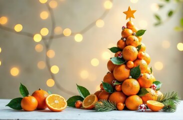 Christmas tree made of many oranges on a light background with garlands and bokeh, copy space