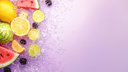 Vibrant Display of Fresh Fruits with Water Splash on Purple Background, Including Watermelon, Lemon, Lime, Orange, and Blackberries in Refreshing Mood