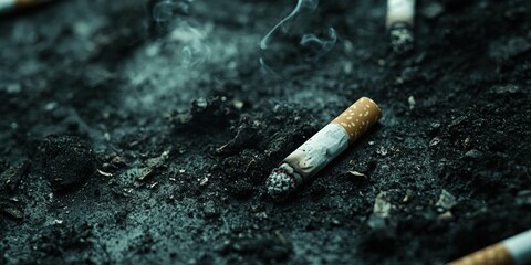 close-up of scattered cigarette butts on dark soil visible ash and dirt texture moody lighting sharp focus on the foreground realistic and gritty style
