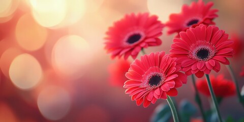 Closep-up of red gerbera flowers blurred soft background natural daylight