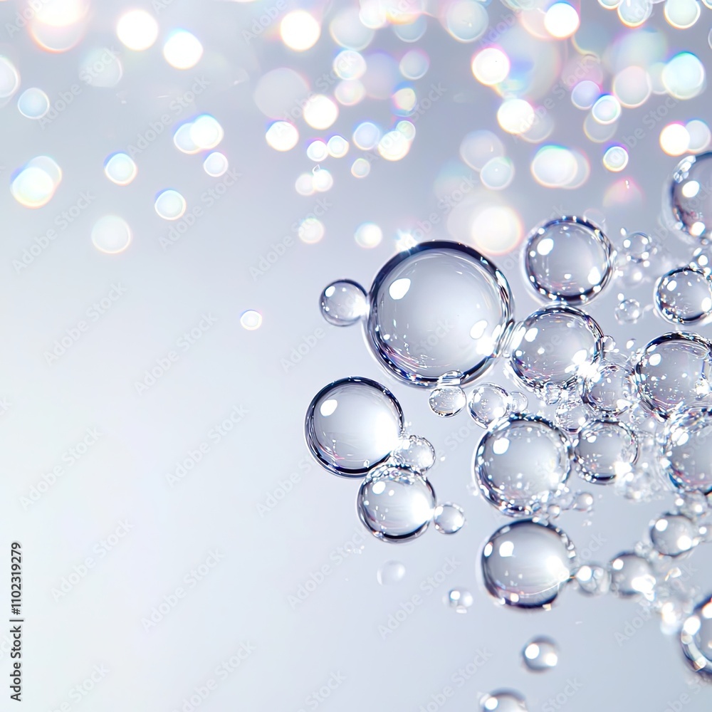 Poster stunning close-up of water droplets creating beautiful bubble patterns on a soft gray background wit
