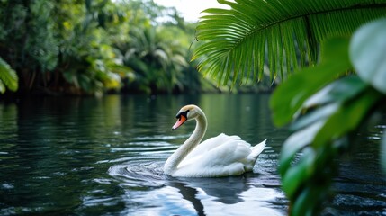 Obraz premium A swan swims gracefully beneath the shade of palm leaves, conveying a sense of tropical serenity and the harmonious blend of wildlife and exotic landscapes.