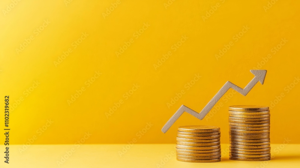 Poster two stacks of gold coins stand on a yellow surface, with an upward arrow indicating increasing inves