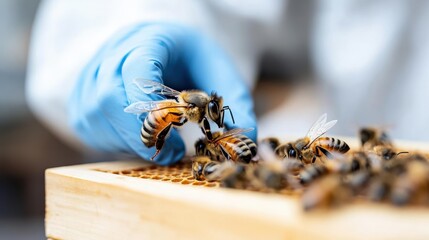 A researcher in blue gloves examines honeybees and their hive structure, using scientific observation techniques to aid in bee preservation and honey research.