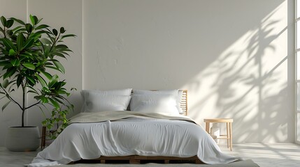 Minimal bedroom interior with white bed and plant. 3D rendering