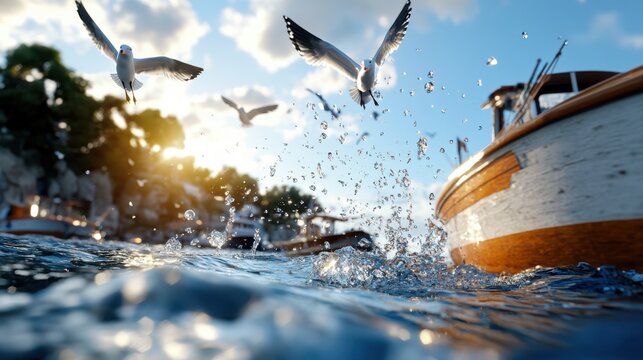 Several seagulls soar above the splashing ocean waters as wooden boats rest nearby, illuminated by the bright morning sun on a picturesque coastal setting.