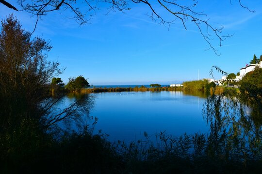 View of a lake at Fiesa with Adriatic sea in the back in Istria and Littoral region, Slovenia