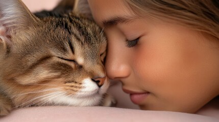 An intimate close-up of a child and a sleeping cat, nose-to-nose, highlights a mutual bond of affection, serenity, and peace, captured in soft focus and warm tones.