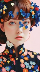繊細な特徴を持つ女性の芸術的なイラストで、花柄の服と洗練されたディテールが特徴です。一部の画像は白黒で赤やパステルカラーのアクセントがあり、他は鮮やかな色と花の模様が描かれています。現代的な要素と伝統的な要素が融合したスタイルで、洗練されロマンチックな美学を表現しています。

