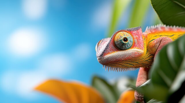 A vibrant chameleon blends into its environment, displaying multicolored skin amid lush green leaves and a serene blue sky background. Nature and adaptability shine through.
