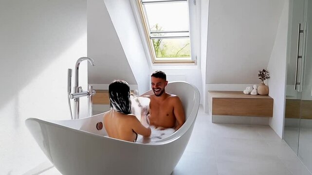Paar beim fr&ouml;hlichen Badespa&szlig; in frei stehender Badewanne im modernen Badezimmer