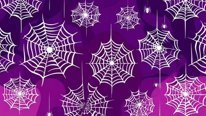 Halloween-Themed Pattern with Spider Webs and Spiders on Purple Background