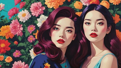 Fototapeta premium レトロな花柄と美しい女性たち – ヴィンテージファッションアート
