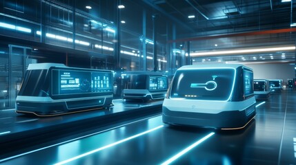 Obraz premium Autonomous Transport System of the Future - Futuristic Automated Vehicles in a Modern Facility