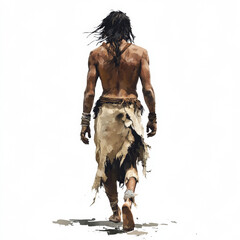 Fototapeta premium One ancient men walking back view with ripped clothes with hair