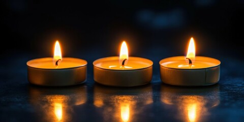 Three lit candles with warm flames on a black background symbol of peace and remembrance soft studio lighting minimalistic and calm design