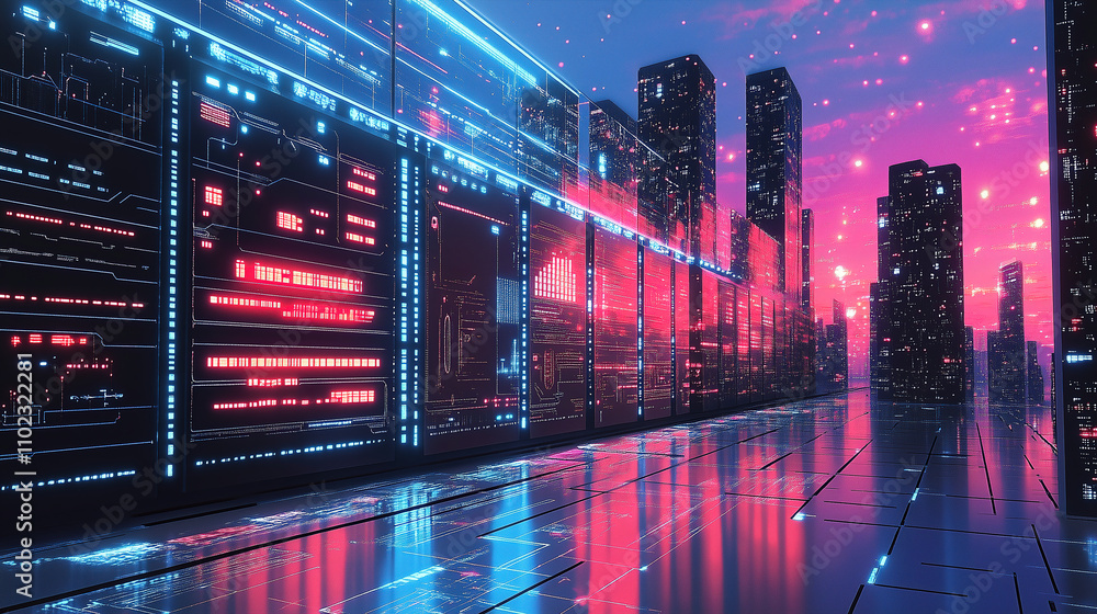 Poster futuristic cityscape with neon lights and glowing data displays during twilight. generative ai