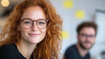 A young woman with curly red hair and glasses is warmly smiling at the camera. Her surroundings include a softly blurred background that suggests a casual environment.