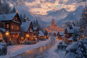 Fototapeta premium Fairy-Tale Winter Scene Of Snow-Covered Arendelle: Picturesque Houses, Royal Castle, And Snow-Capped Mountains Create A Magical Ambiance With Warm Lantern Lights And Falling Snowflakes