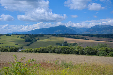 Naklejka premium Rolling hills and meadows with mountain peaks in the background under a vibrant blue sky with scattered clouds.