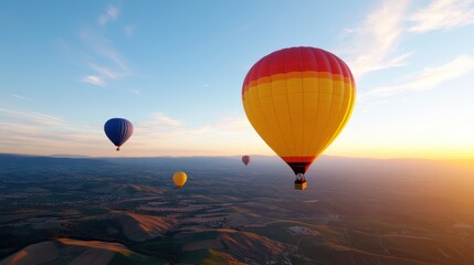 Obraz premium A collection of hot air balloons rise in unison against a golden sunrise, showcasing the allure of flight and the expansive beauty of nature’s vast canvas below.