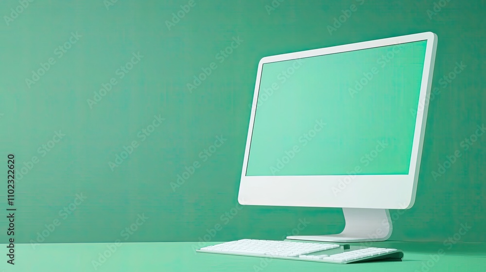 Poster minimalist computer setup on green background for modern workspace aesthetics and creative digital e