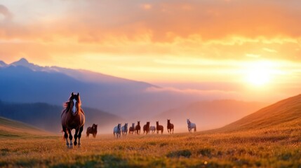 A lush pasture bathed in the golden hues of dusk hosts a line of grazing horses. The distant mountains hold the last light as the day transitions to night.