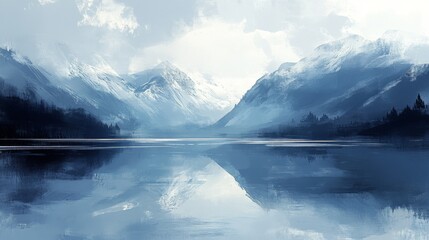 Fototapeta premium A Tranquil Blue Mountain Landscape with a Still Lake
