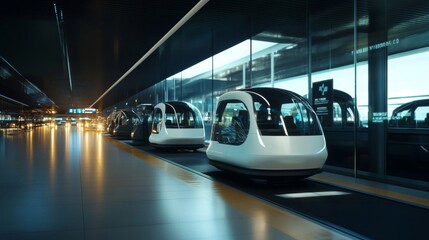 Futuristic Transportation Pods in Modern Airport - Sleek Design and Advanced Technology