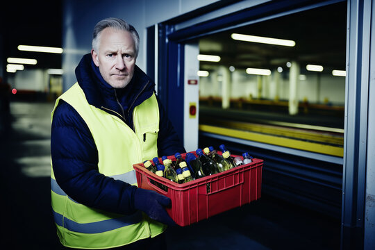 Worker unloads bottles at recycling center in bright and efficient setting