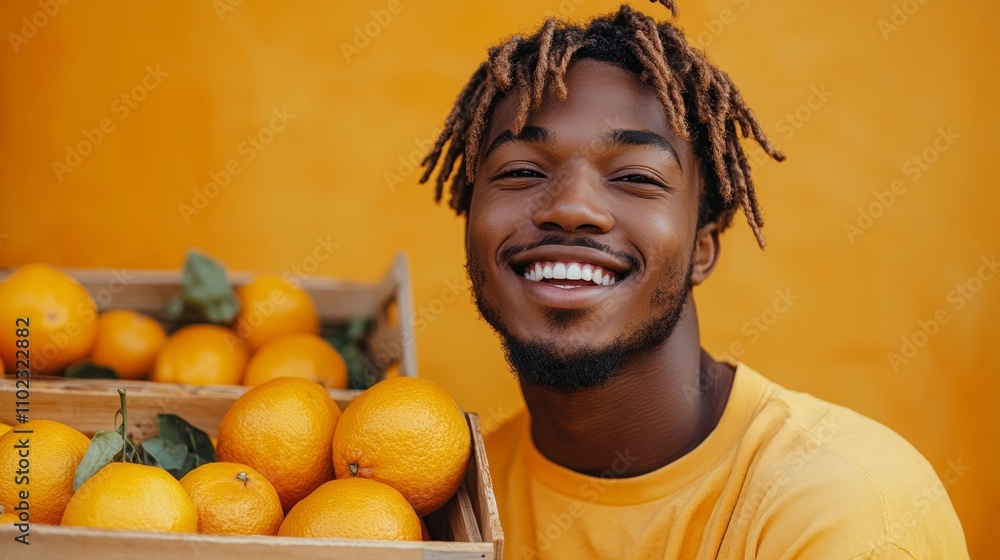 Poster man with dreadlocks is smiling and holding a crate of oranges. the oranges are in various stages of 