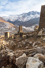 Ancient defensive towers in the mountains of Caucasus. Cmiti, North Ossetia, Russia