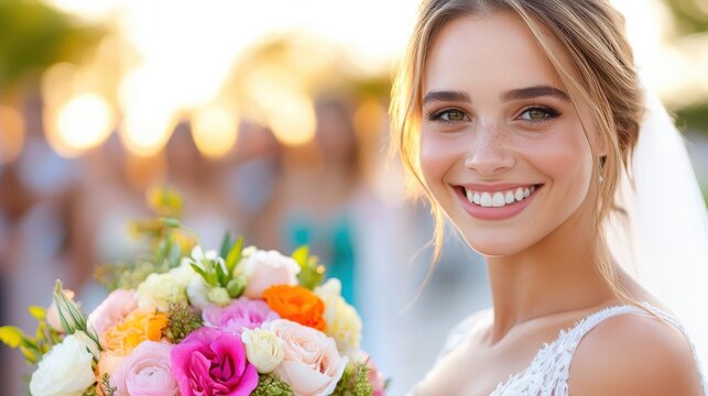A glowing bride smiles radiantly while holding a lush, colorful bouquet with roses and peonies, framed by a warm and serene sunset backdrop on her special day.