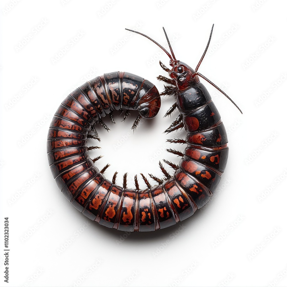 Poster close-up of a vibrant and striking millipede with intricate patterns and glossy texture on a white b