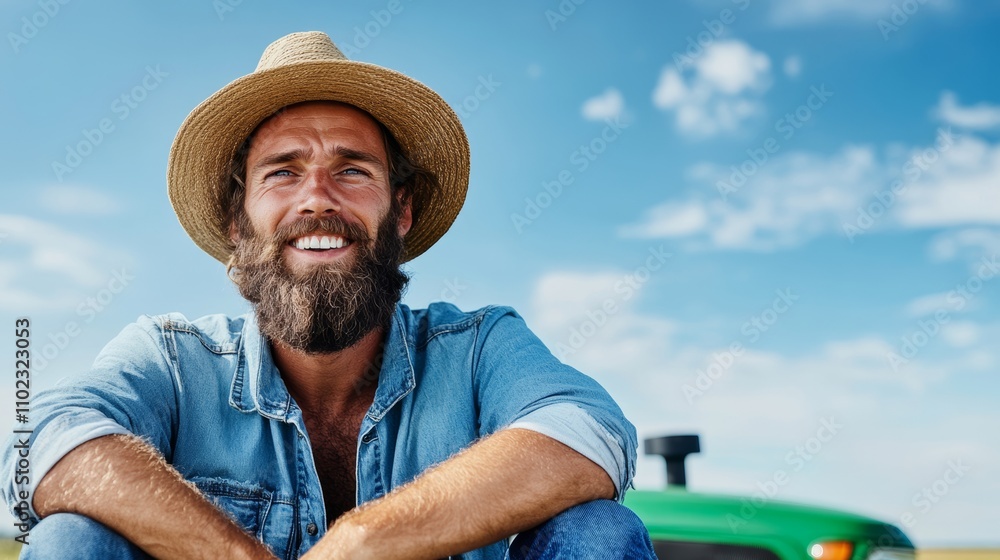 Poster man with a beard and a straw hat is smiling and sitting on the ground. the sky is blue and there is 