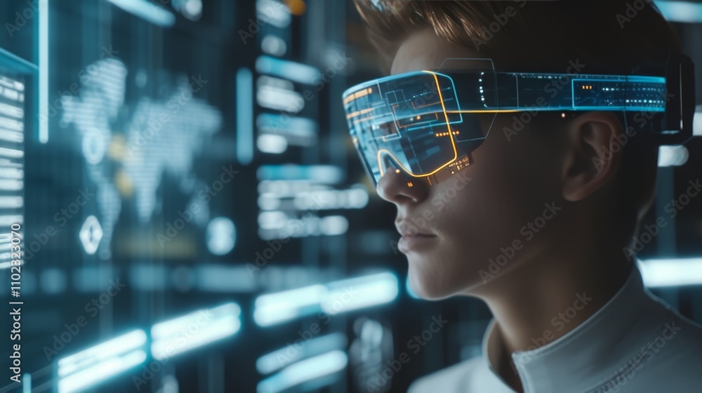 Poster a person wearing advanced augmented reality glasses navigates a digital interface with holographic d