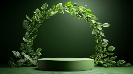 A green circular display stand surrounded by lush foliage, creating a serene and natural ambiance, perfect for showcasing products or decor.