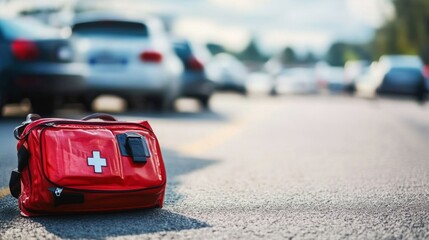 Abandoned First Aid Kit on a Busy Road - A Symbol of Urgent Need
