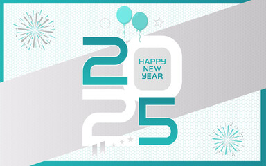 Happy New Year 2025 Greeting Card Vector Illustration. Minimal Creative New Year Celebration Template Aqua Blue Texture Design With Fireworks, Star, Ballons, Ribbons 