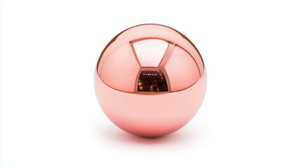 A shiny, reflective rose gold sphere rests on a white surface, showcasing its smooth surface and vibrant color.