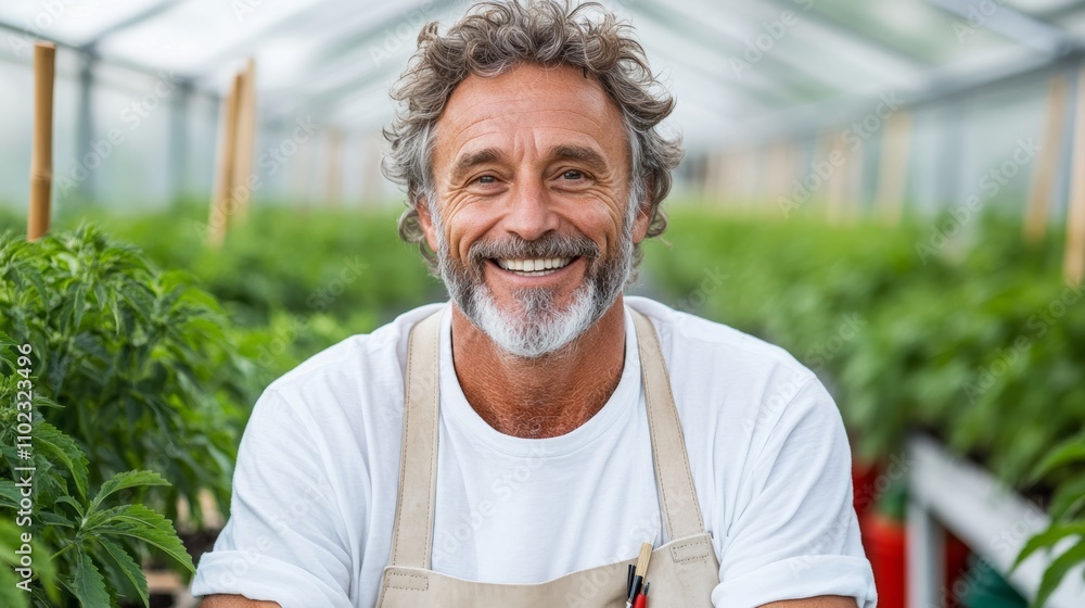 Poster man with a white shirt and apron is smiling in front of a greenhouse. he is wearing a pair of scisso