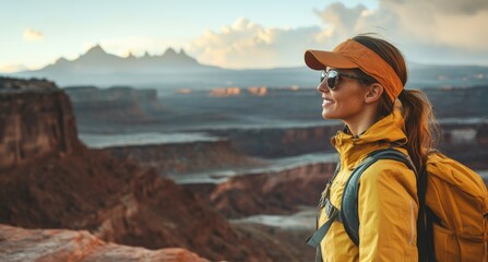 Woman leading an adventure tourism company, guiding clients through a breathtaking landscape. 
