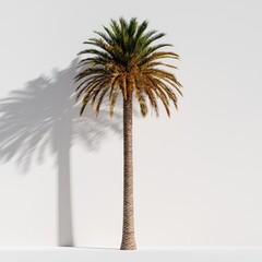 Lush Green Palm Tree with Vibrant Leaves and Distinctive Shadow on a Minimalist White Background Perfect for Summer Themes or Tropical Concepts
